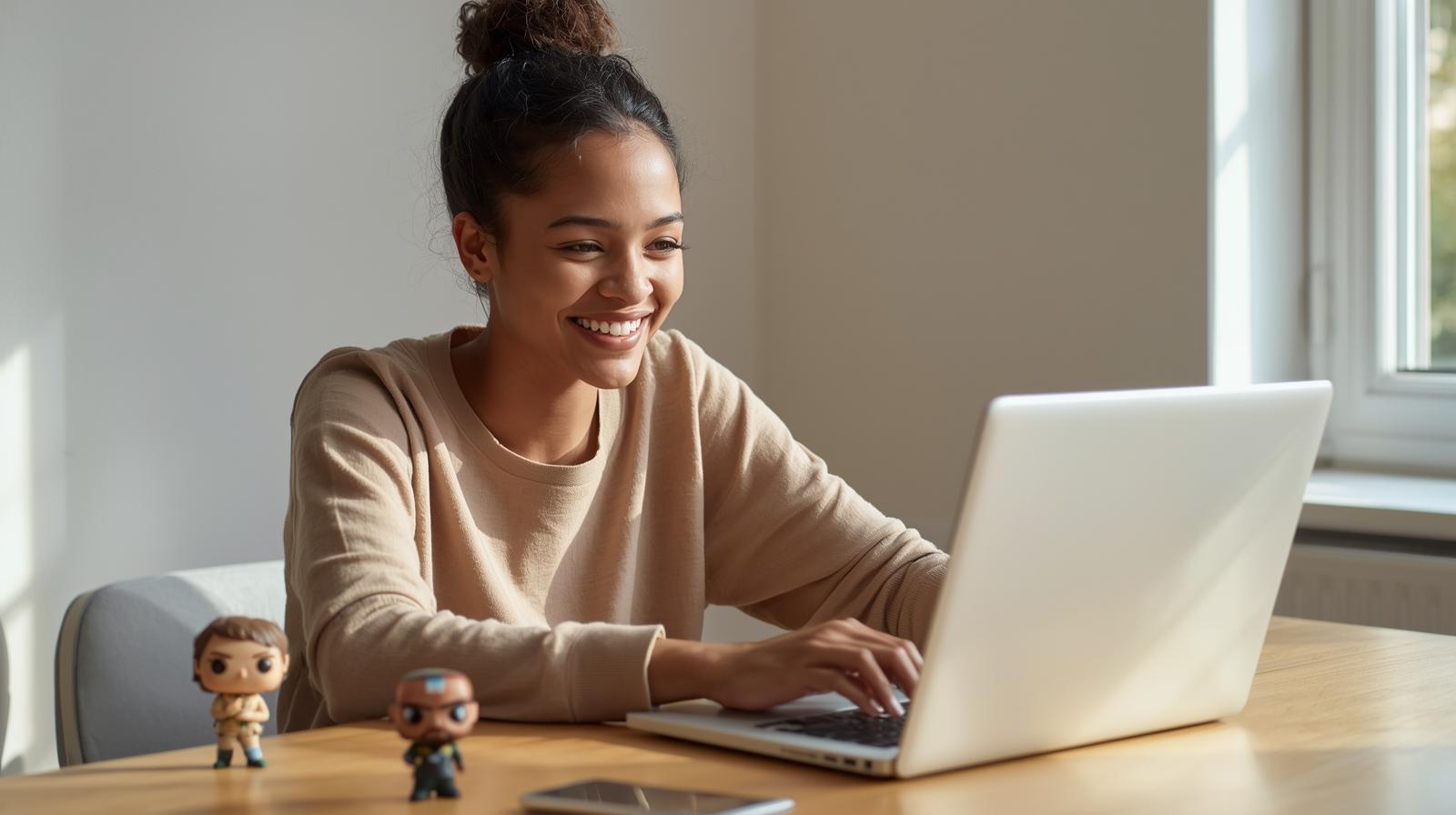 Person browsing laptop happily with blurred screen and pop culture items nearby.